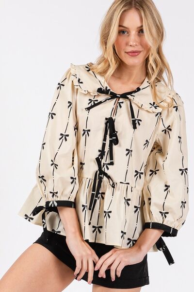 Bow Print Tie Front Babydoll Resort Blouse