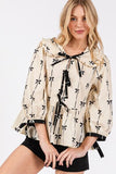 Bow Print Tie Front Babydoll Resort Blouse