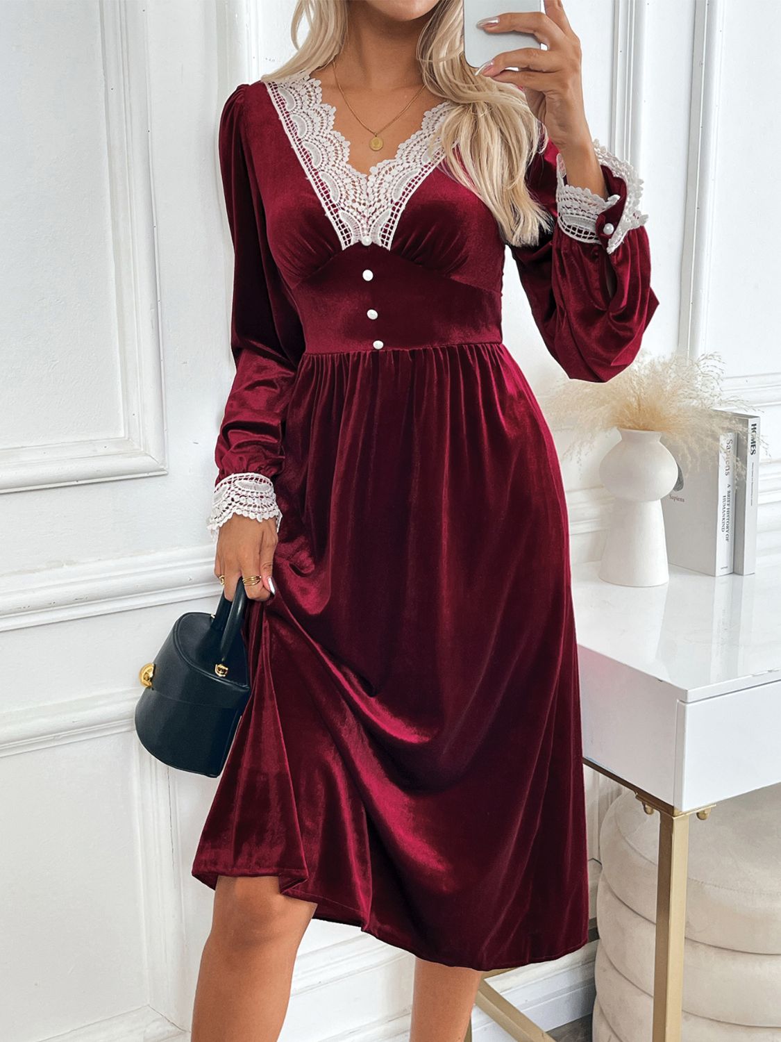 Lace Detail V-Neck Long Sleeve Midi Dress