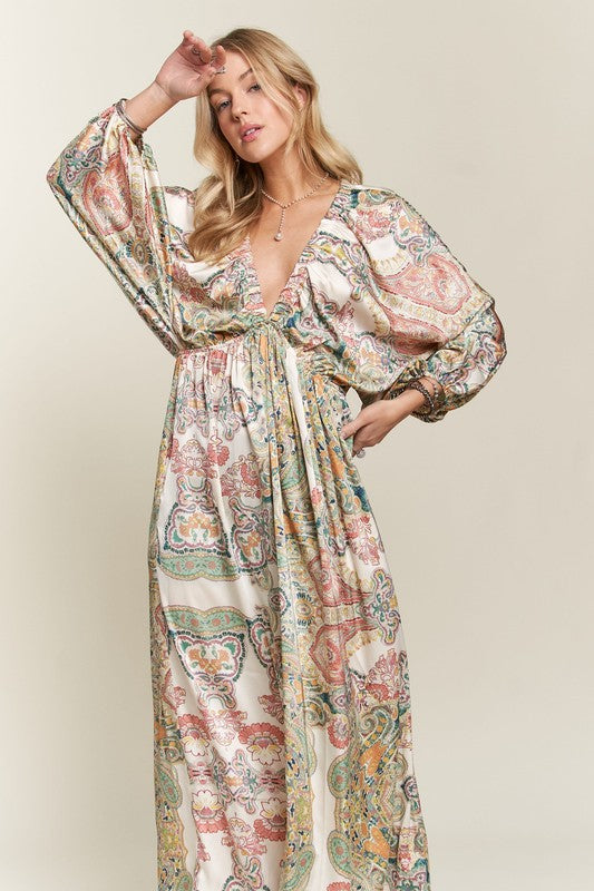 Printed V-Neck Batwing Sleeve Maxi Dress