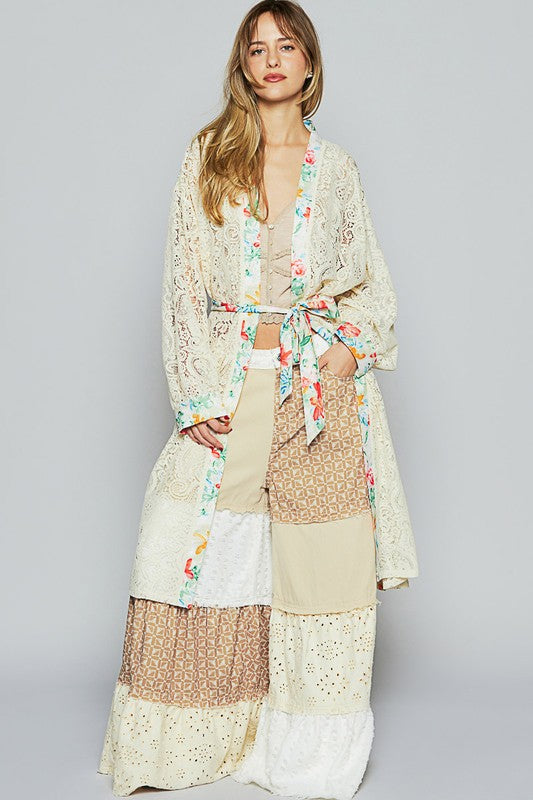 POL Floral Trim Lace Open Front Longline Cardigan