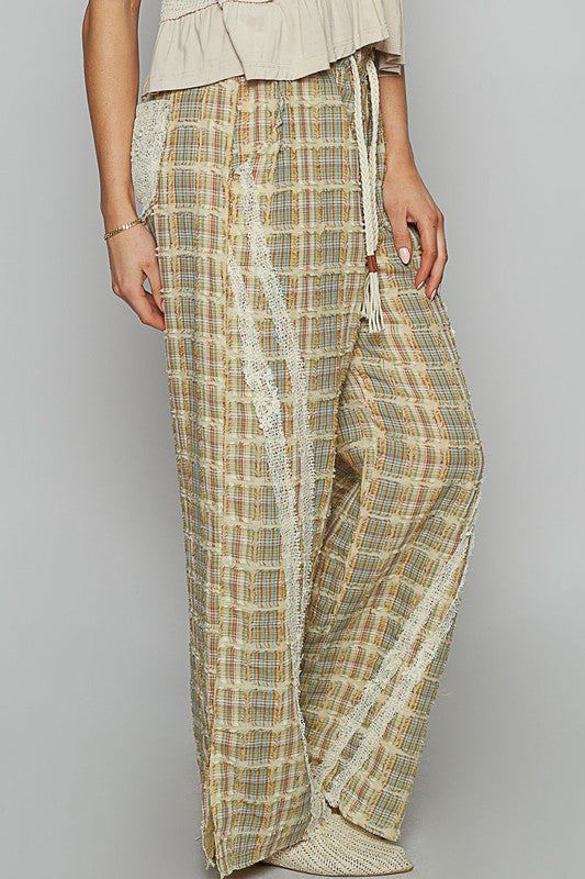 Lace Trim Drawstring Checkered Wide Leg Beachy Boho Pants