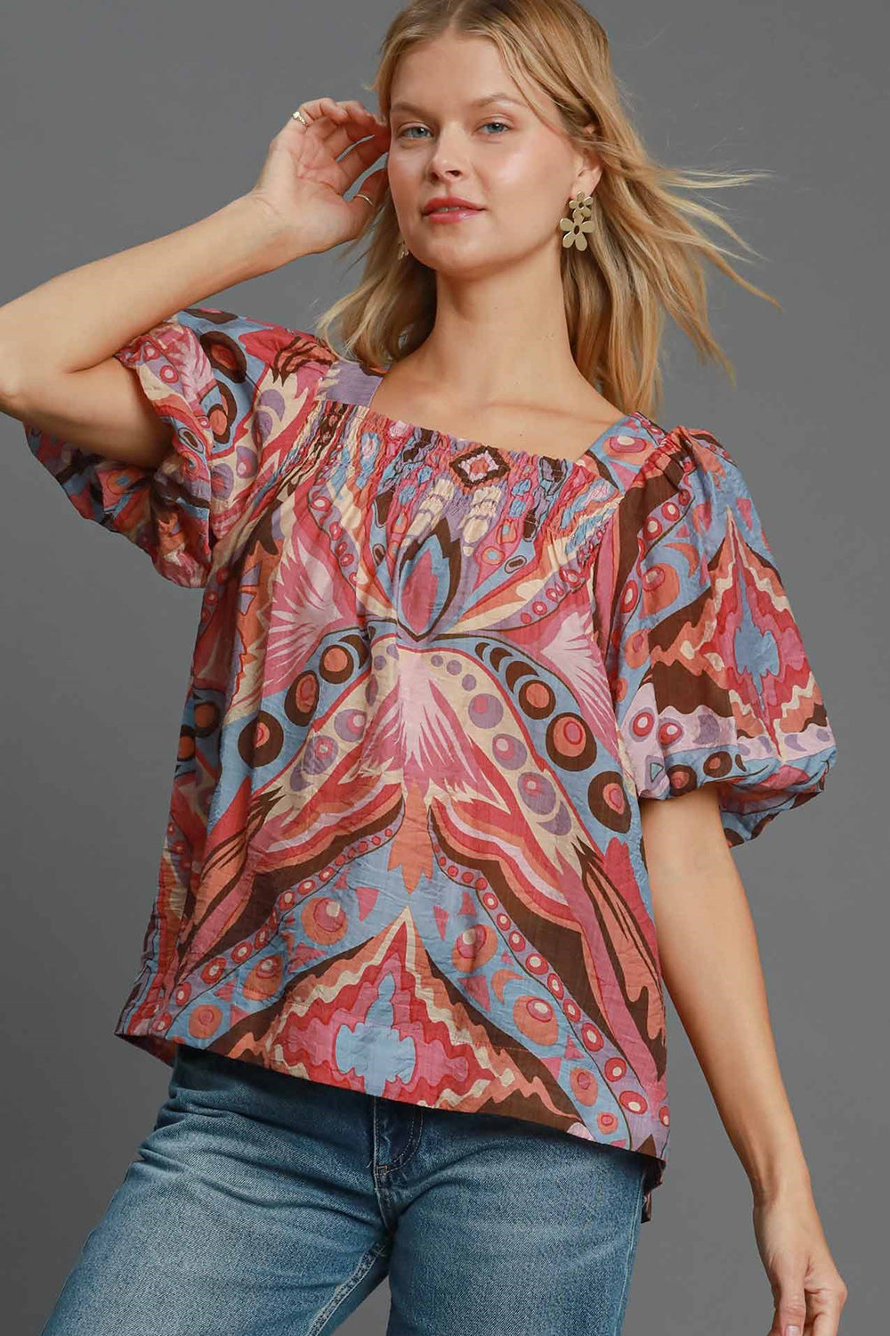 Full Size Abstract Puff Sleeve Resort Blouse