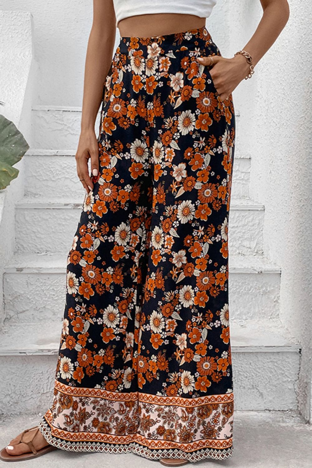 Floral Wide Leg Beachy Pants with Pockets