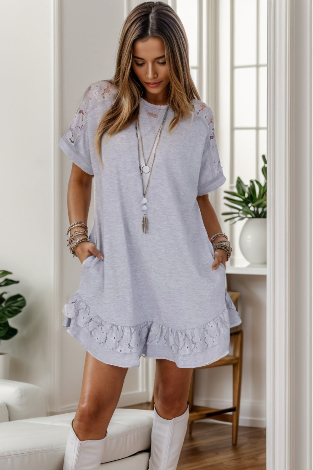 Lace Detail Round Neck Short Sleeve Mini Dress