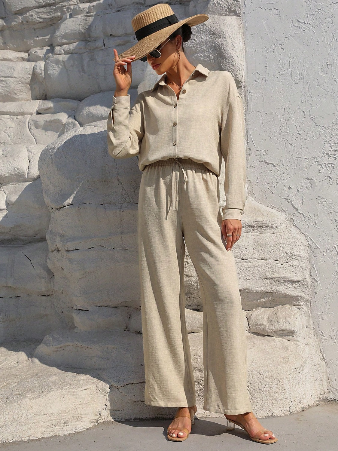 Button Up Long Sleeve Resort Top and Pants Set