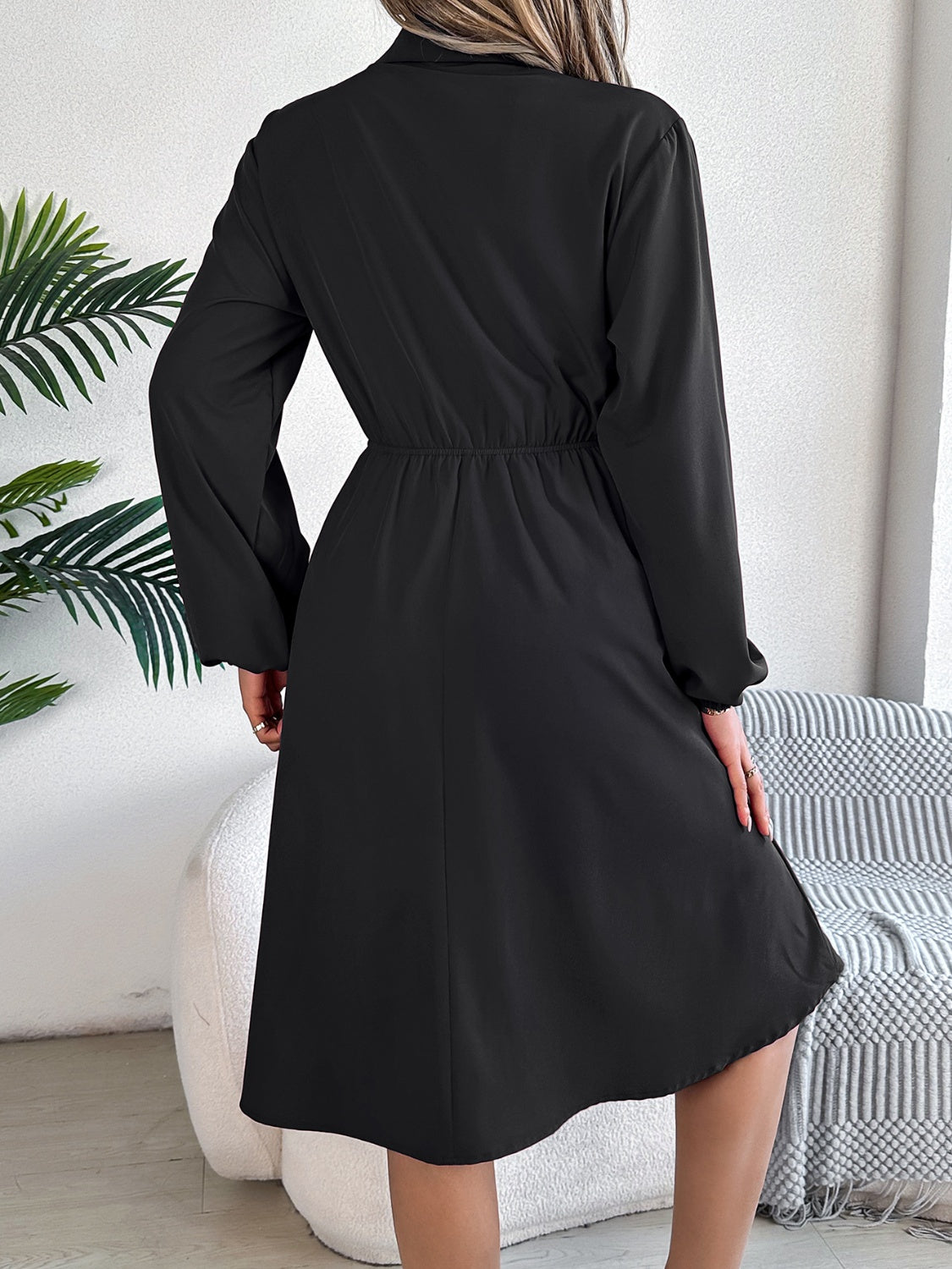 Collared Neck Long Sleeve Midi Dress with Pockets