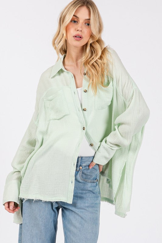 Beachy Frayed Hem Side Slit Button Down Boho Shirt