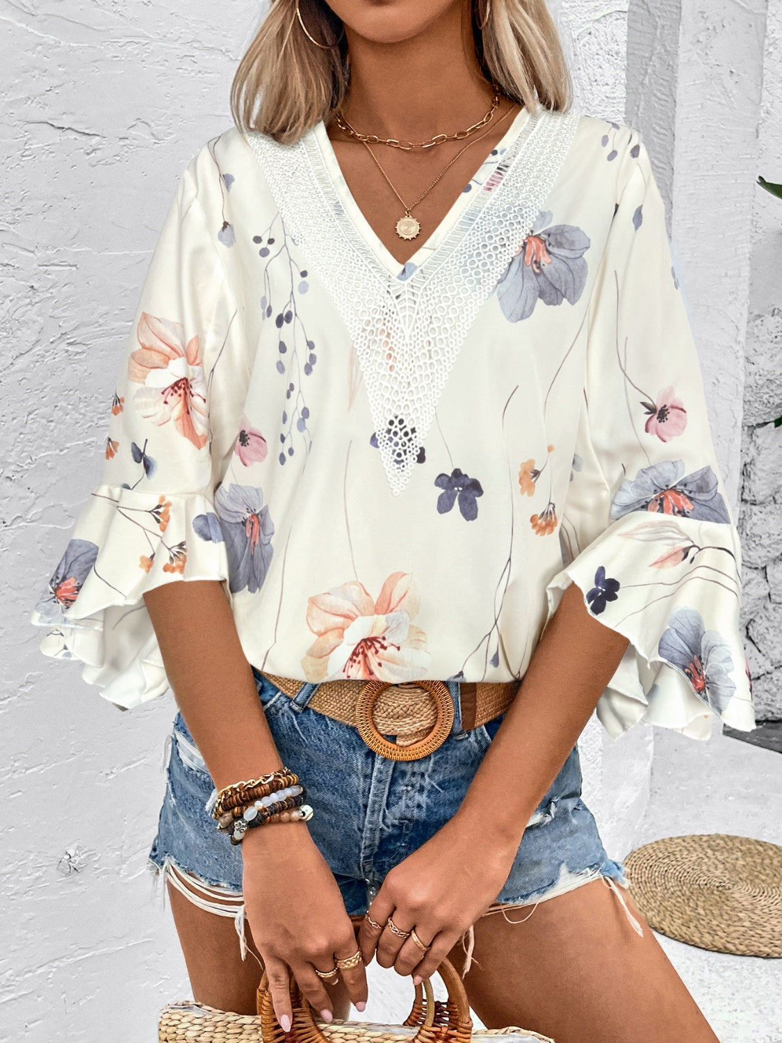 Feminine  Ruffled Printed V-Neck Half Sleeve Blouse