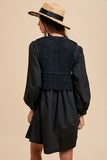 Crochet Vest Notched Long Sleeve Shirt Black Resort Dress