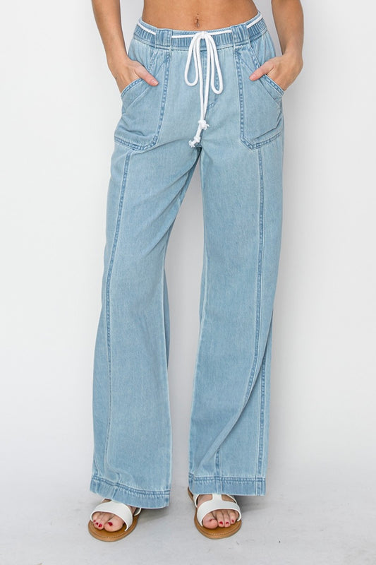 Drawstring High Rise Straight Jeans