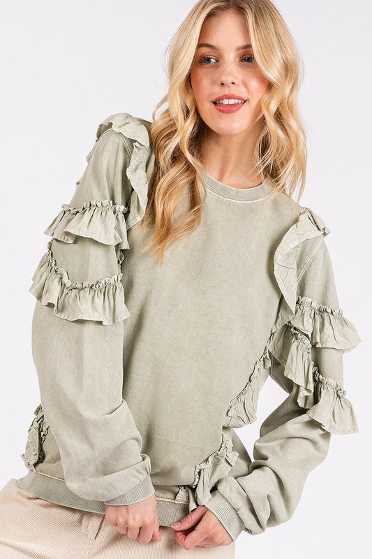 Ruffled Mineral Washed Long Sleeve Sweatshirt