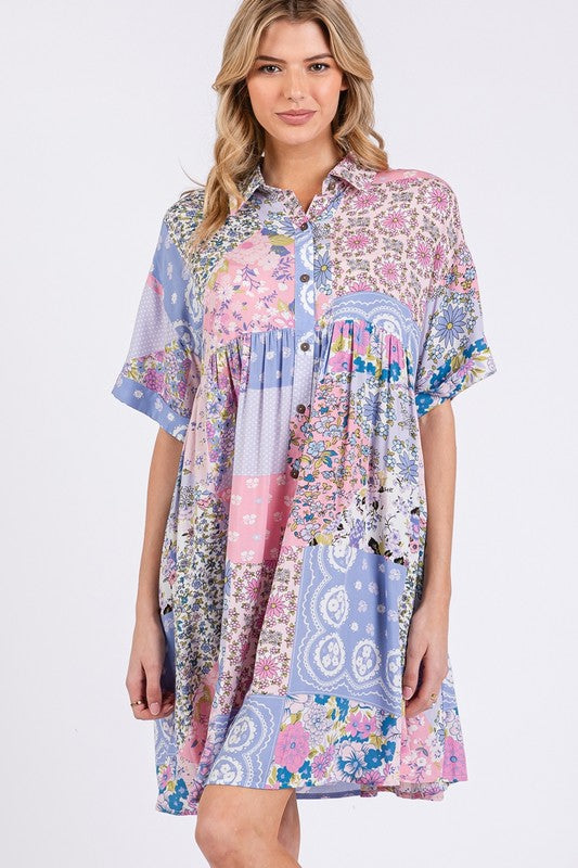 Floral Collared Neck Half Sleeve Mini Shirt Dress