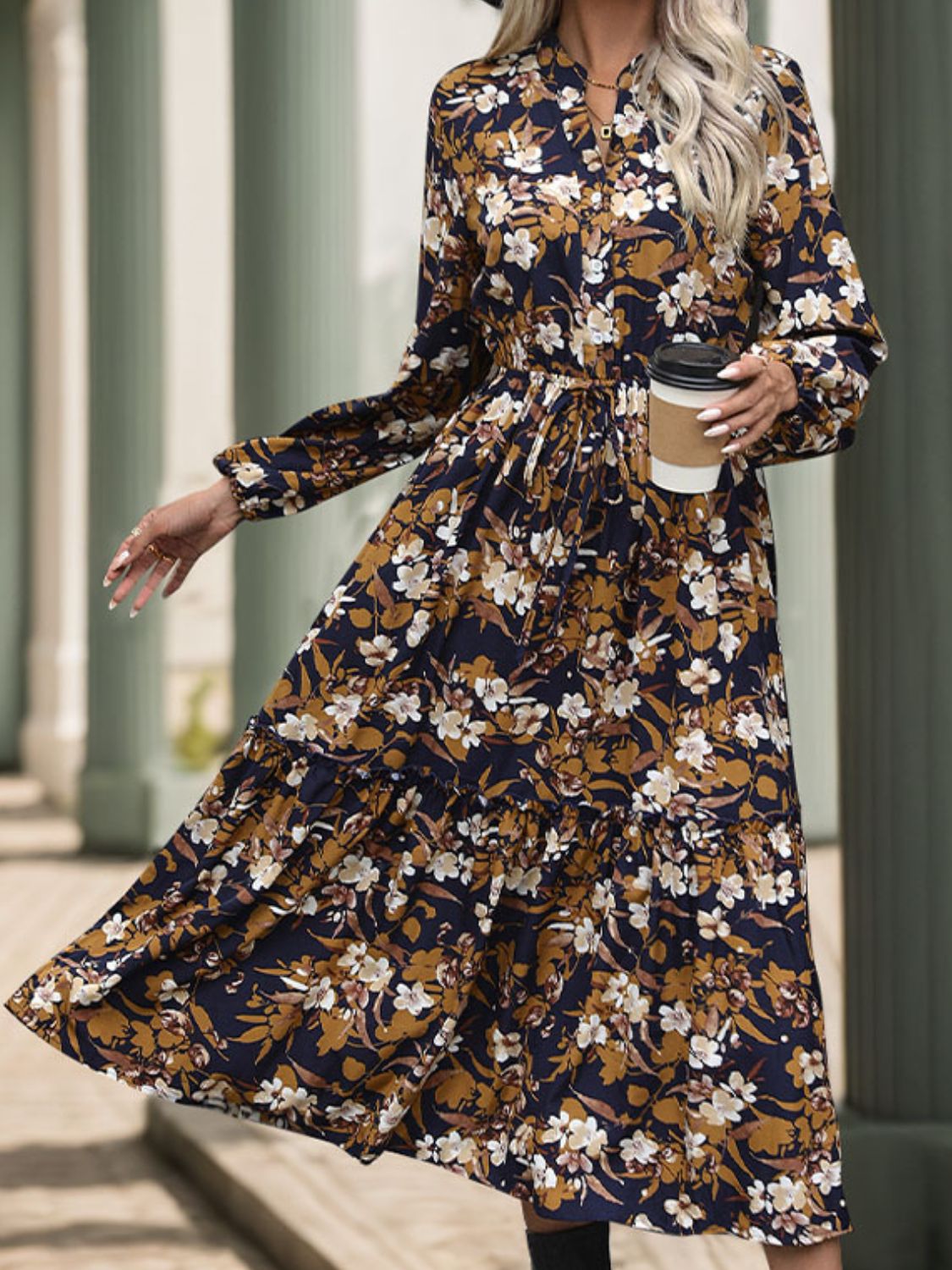 Notched Long Sleeve Midi Dress