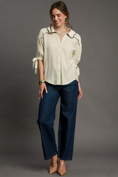 Full Size Embroidered Button Down Resort Blouse