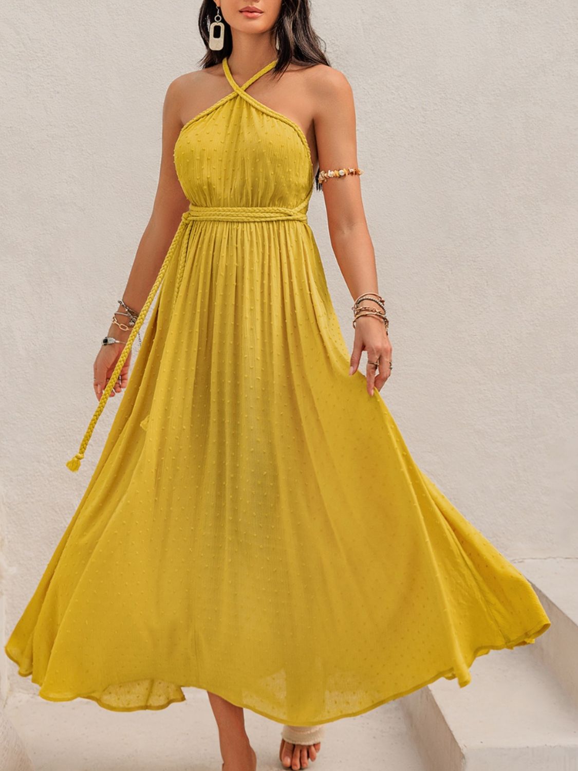 Swiss Dot Backless Yellow Maxi Resort Dress