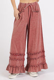 Ruffle Trim Pocket Mineral Wash Boho Beachy Wide Leg Pants