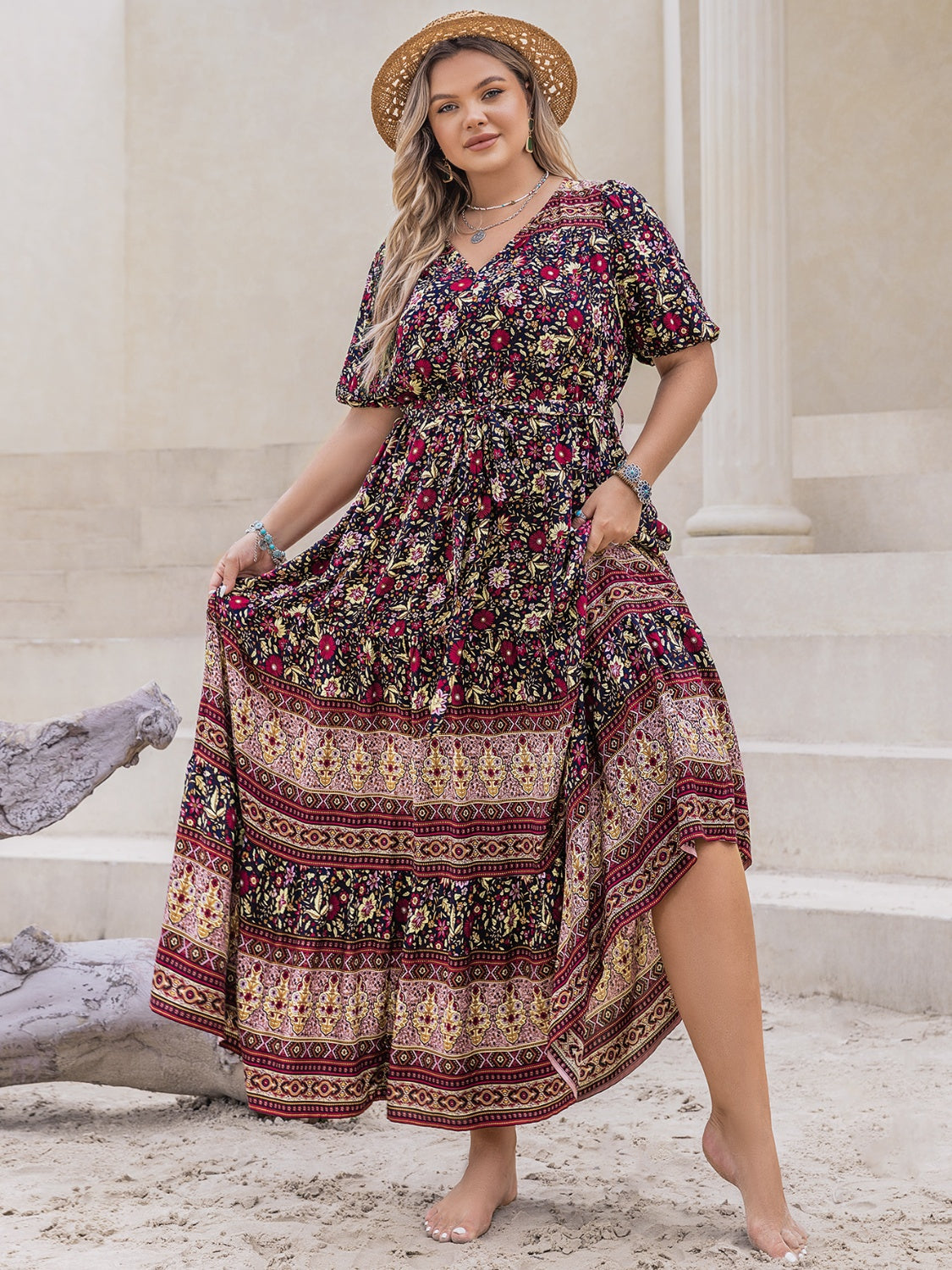 Plus Size Boho Floral Short Sleeve Maxi Dress