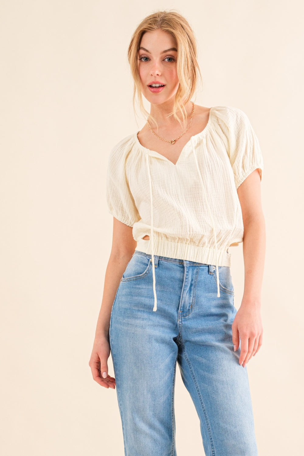 Back Waist Tie Cropped Blouse