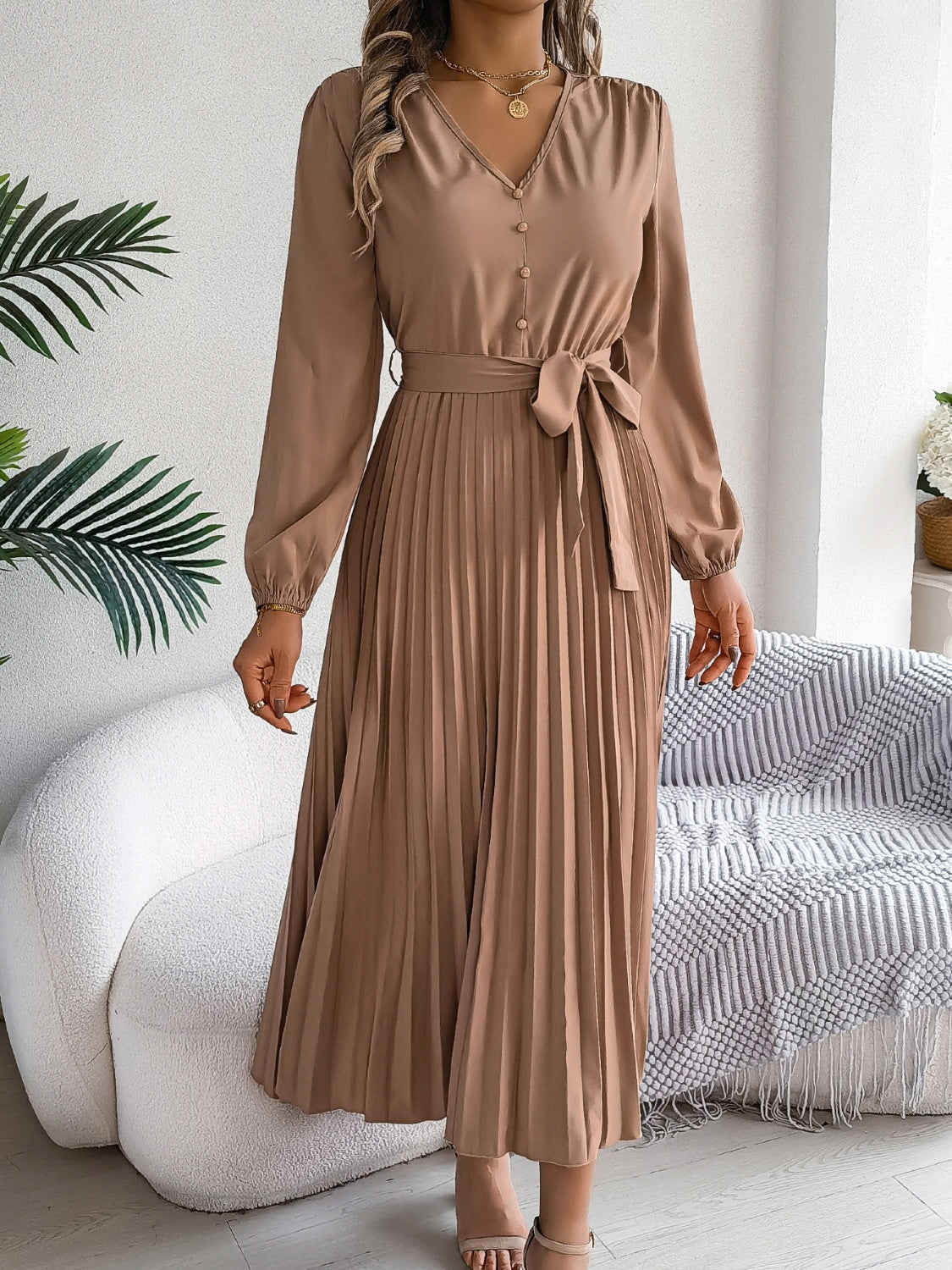 Pleated Tied V-Neck Long Sleeve Midi Dress