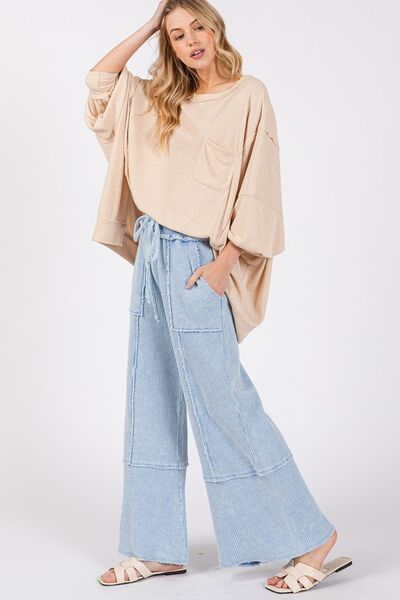 Boho Beachy Waffle Textured Wide Leg Mineral Washed Pants