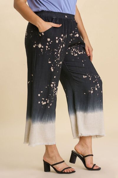 Full Size Raw Hem Linen Blend Bleach Dip Dye Boho Wide Leg Pants