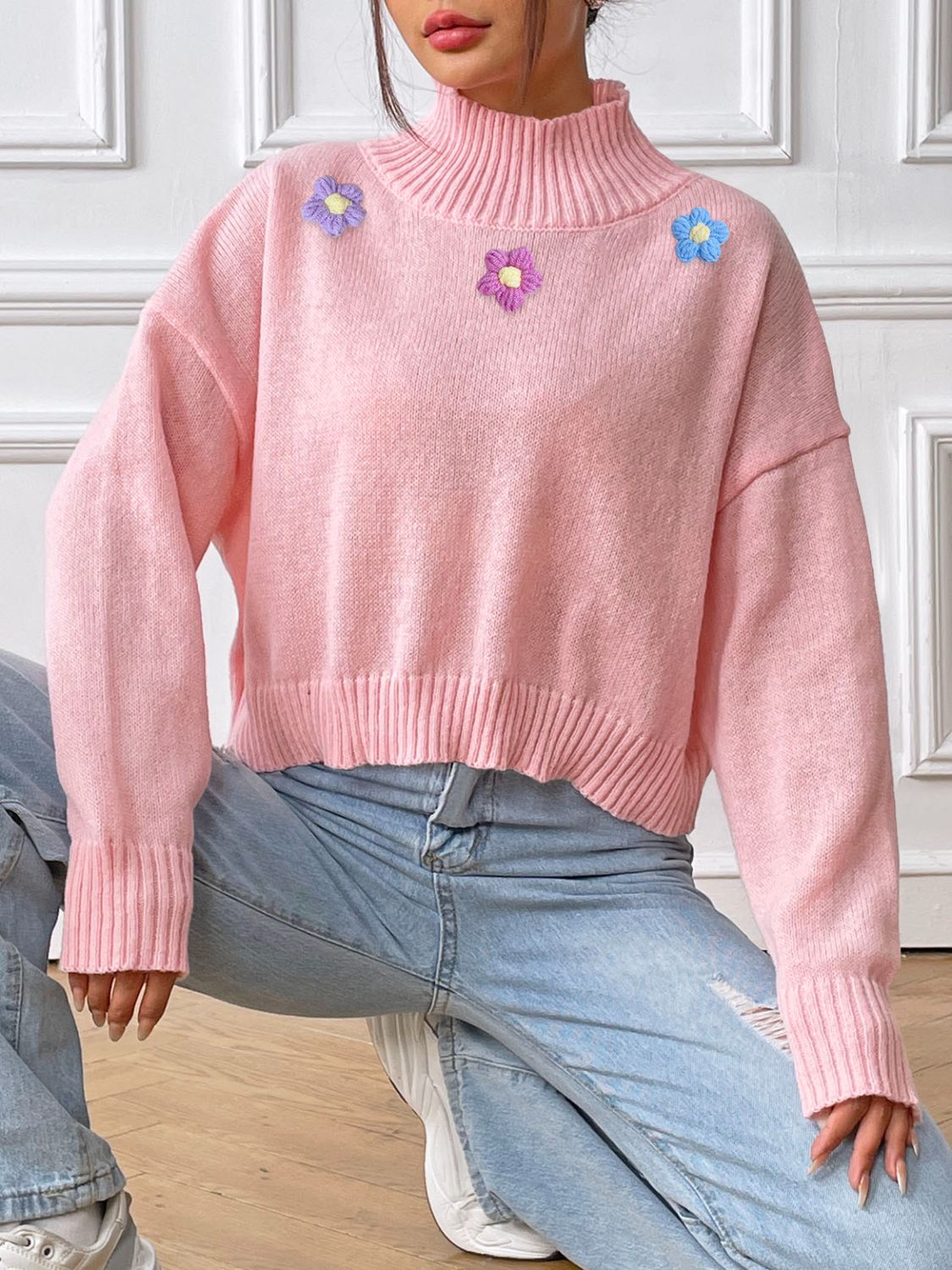 Flower Turtleneck Long Sleeve Sweater