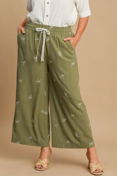 Full Size Embroidered Bow Wide Leg Boho Pants