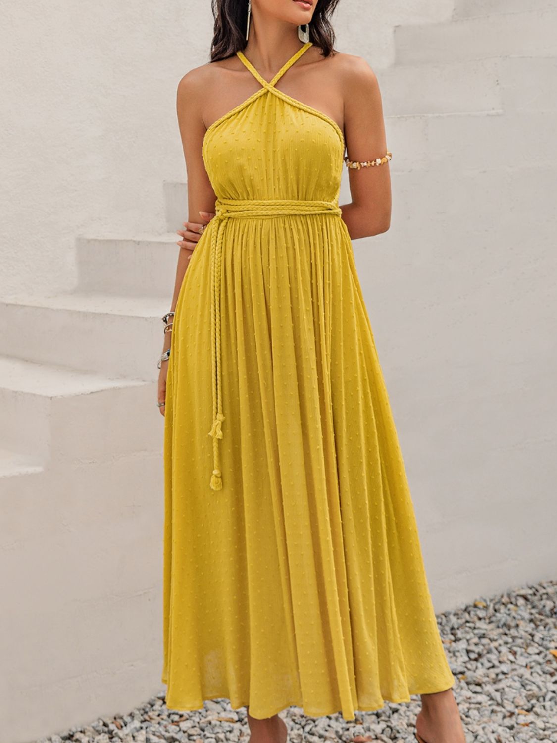 Swiss Dot Backless Yellow Maxi Resort Dress