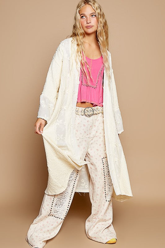 Beachy Romantic Boho Flower Lace Trim Open Front Longline Cardigan