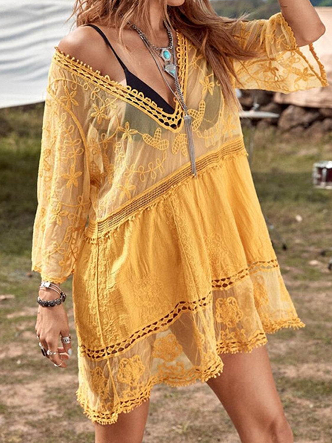 Lace Detail Plunge Cover-Up Beach Dress