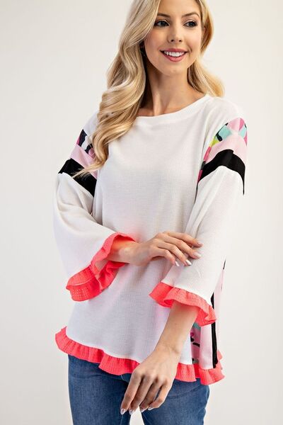 Full Size Ruffle Sleeve Color Block Top Plus Size