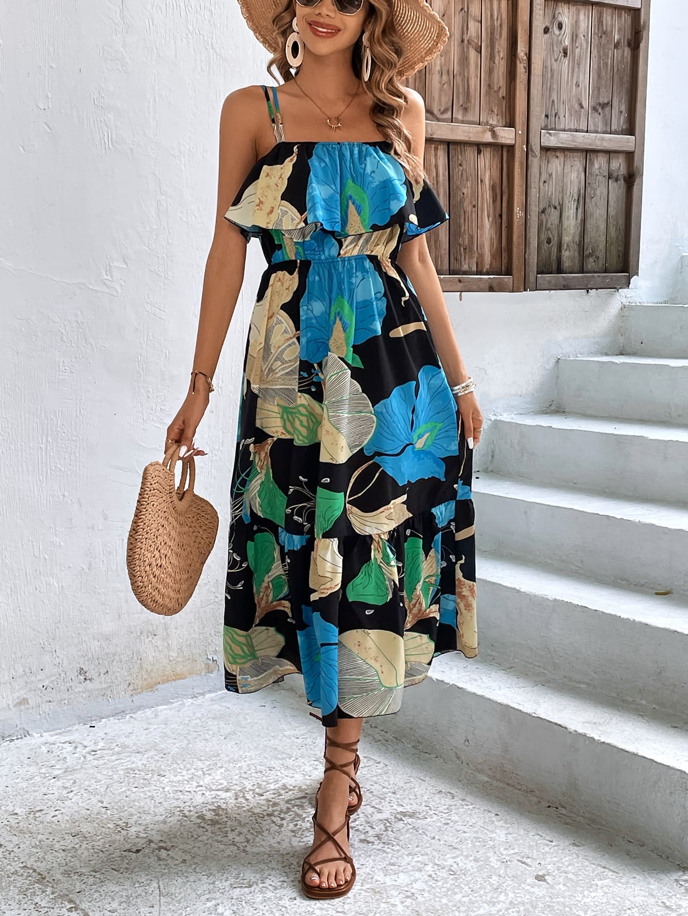 Floral Double-Strap Midi Vacation Dress
