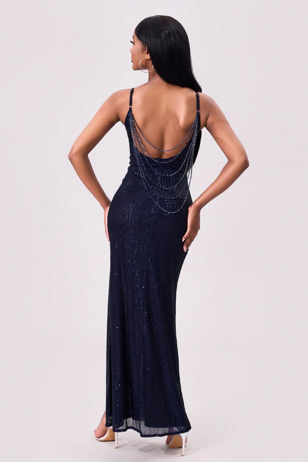 Split Sequin Backless Black Cami Evening Gown