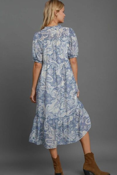 Full Size Printed Puff Short Sleeve Midi Resort Dress