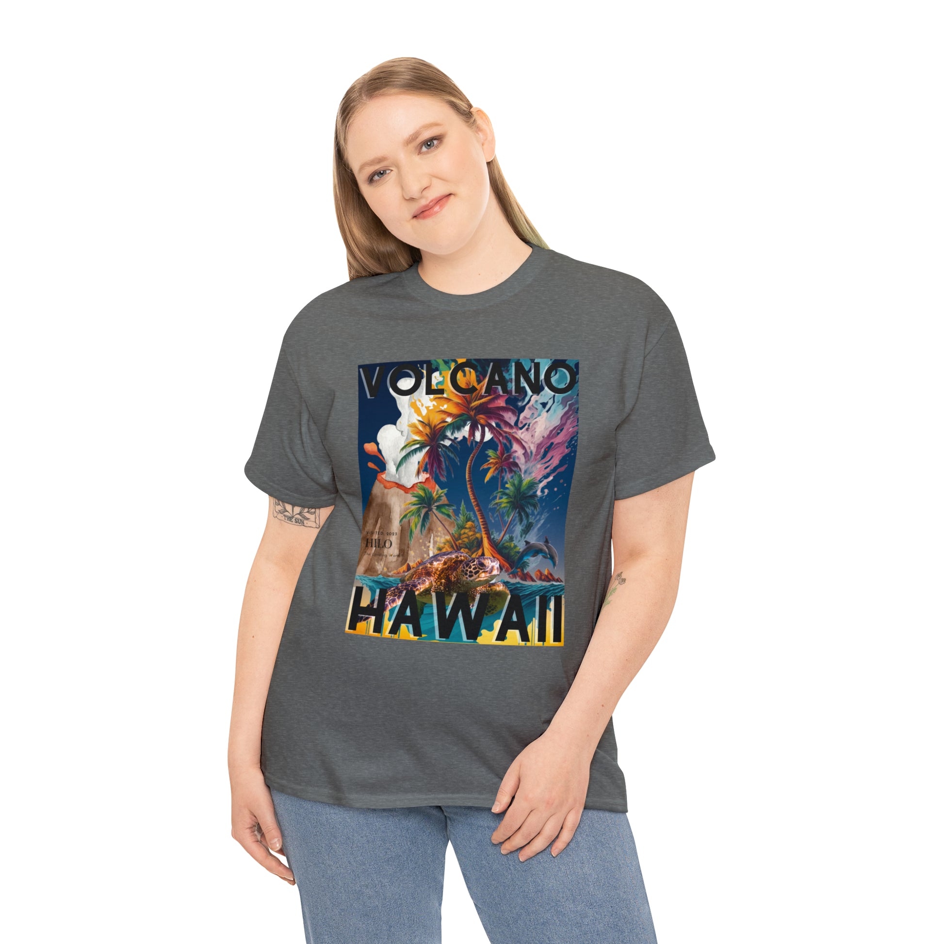 Volcano Hawaii Shirt, Hawaii Volcano Unisex T-Shirt with Dolphins and Sea Turtle