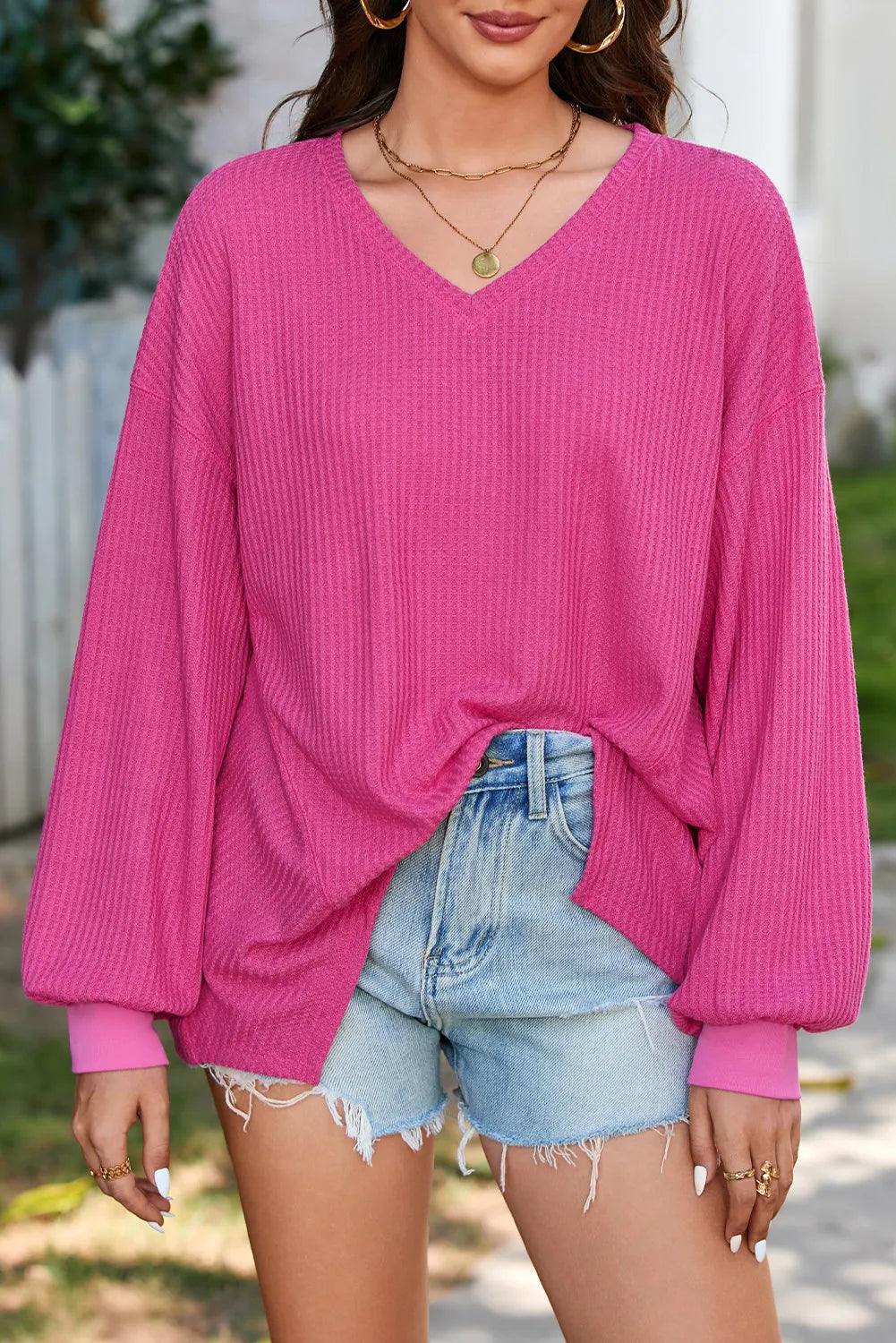 Waffle-Knit V-Neck Long Sleeve Top