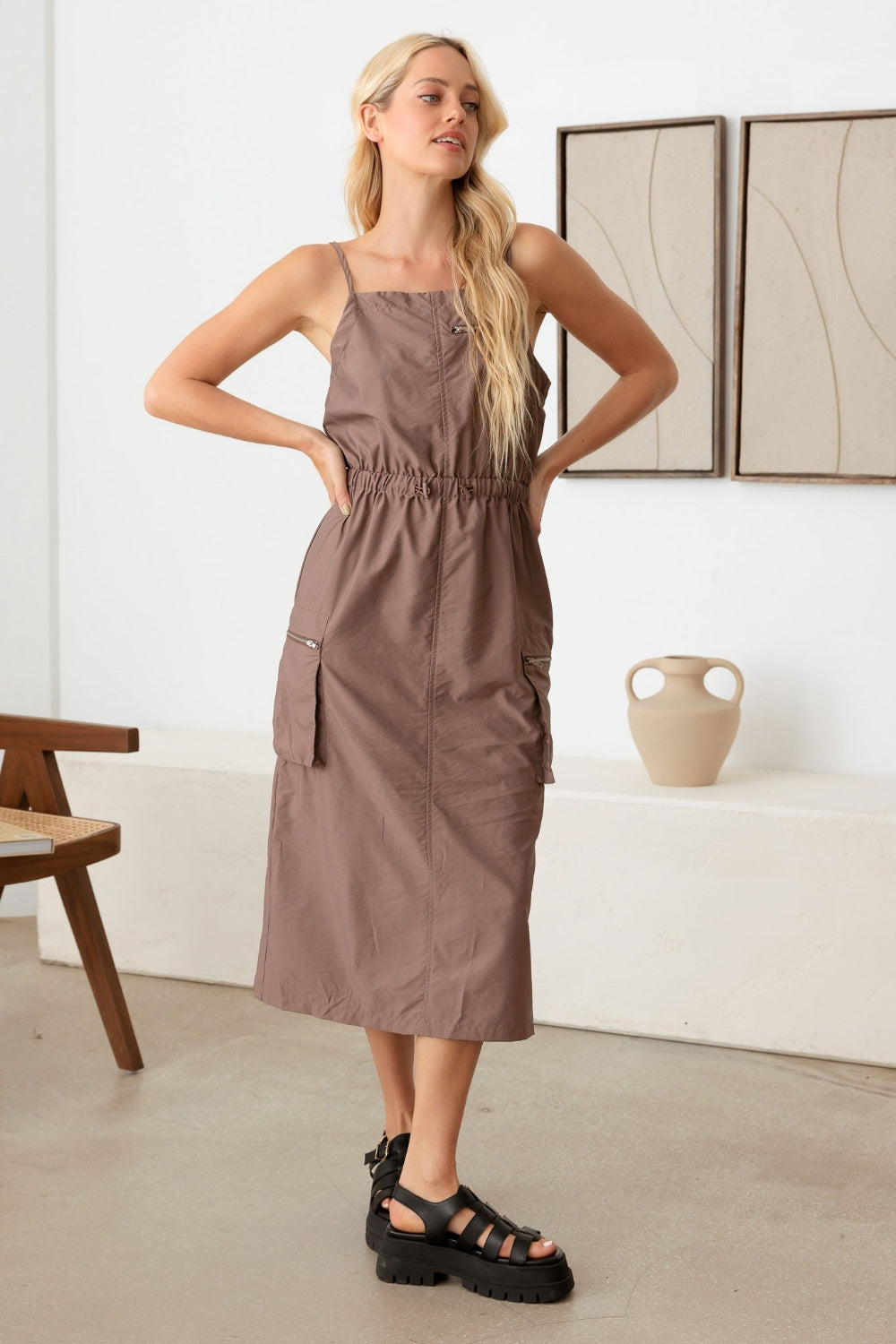 Mocha Drawstring Cargo Midi Dress