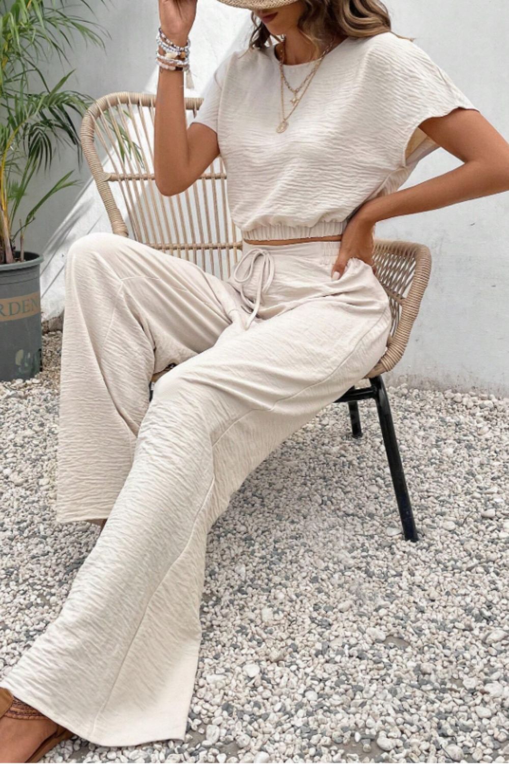 Round Neck Short Sleeve Top and Resort Pants Set