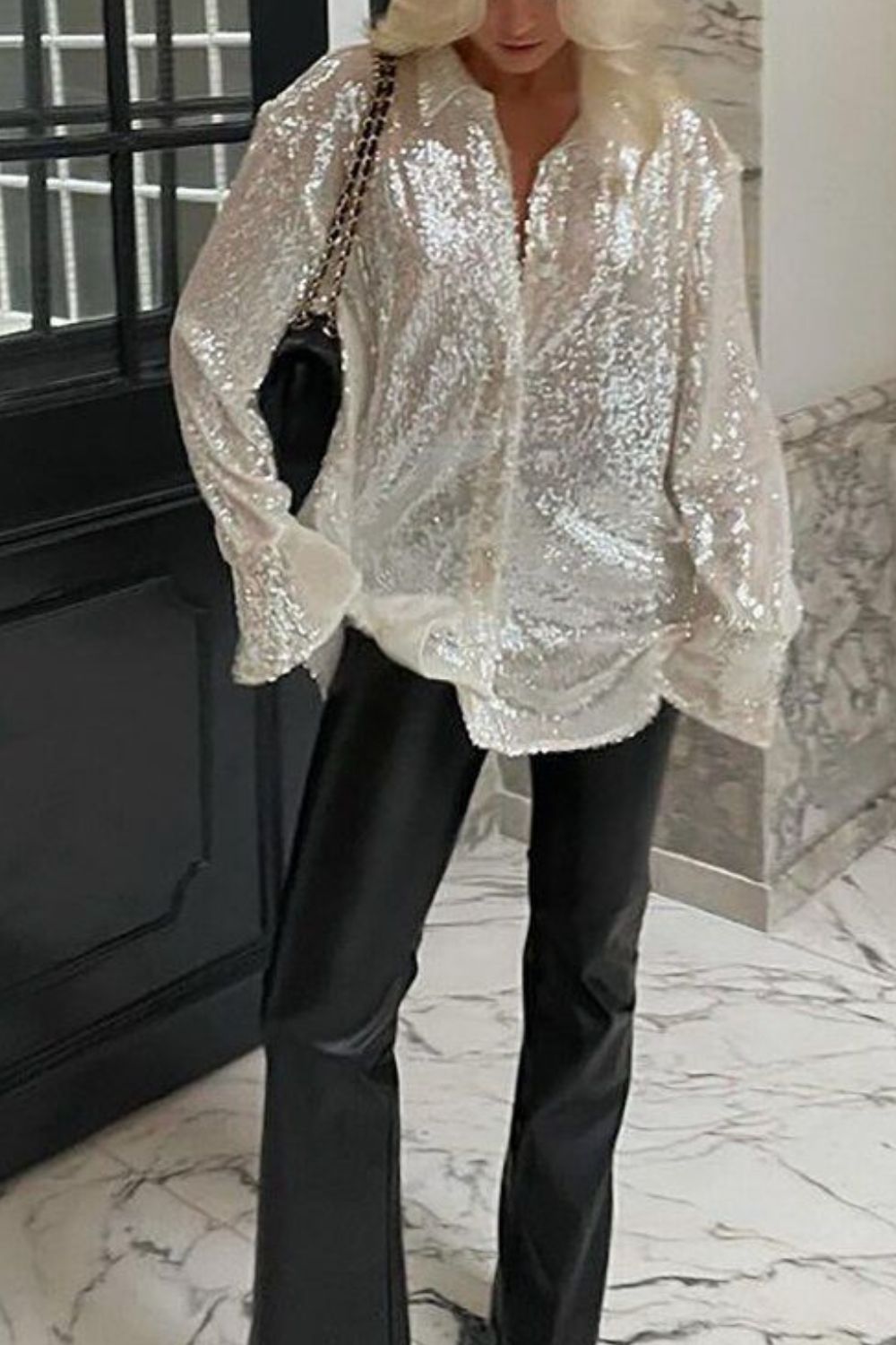 Sequin Button Up Long Sleeve Resort Shirt