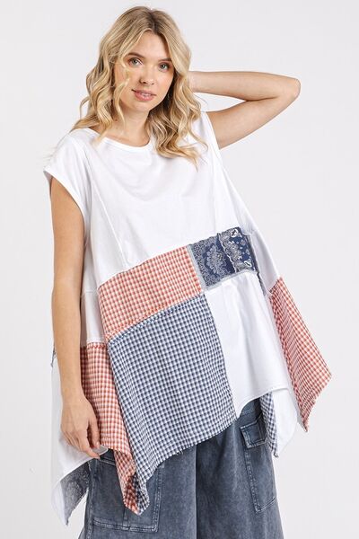 Patchwork Mineral Washed Round Neck Cap Sleeve Top