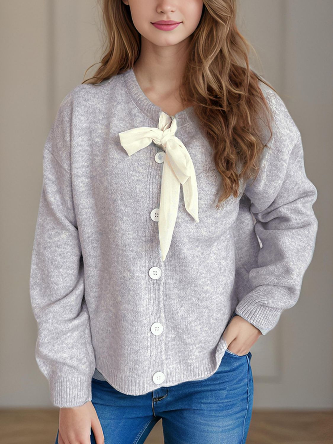 Cute Bow Tie Long Sleeve Cardigan