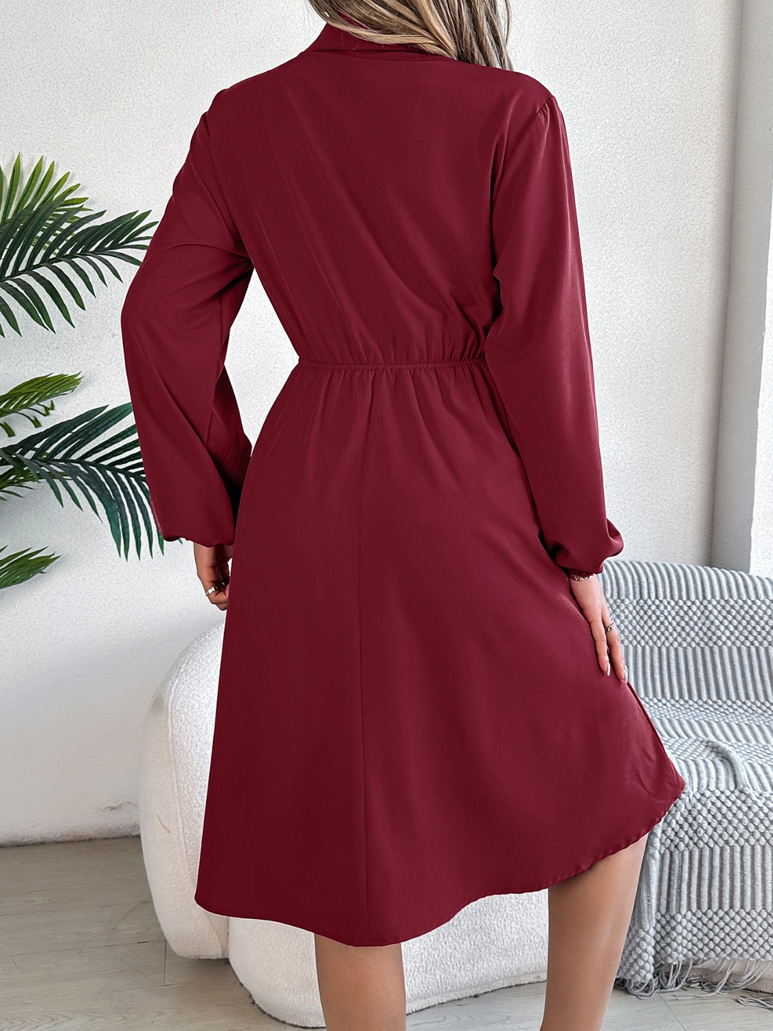 Collared Neck Long Sleeve Midi Dress with Pockets