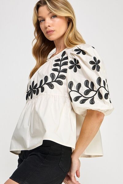 Puff-Sleeve Embroidered Peplum Blouse