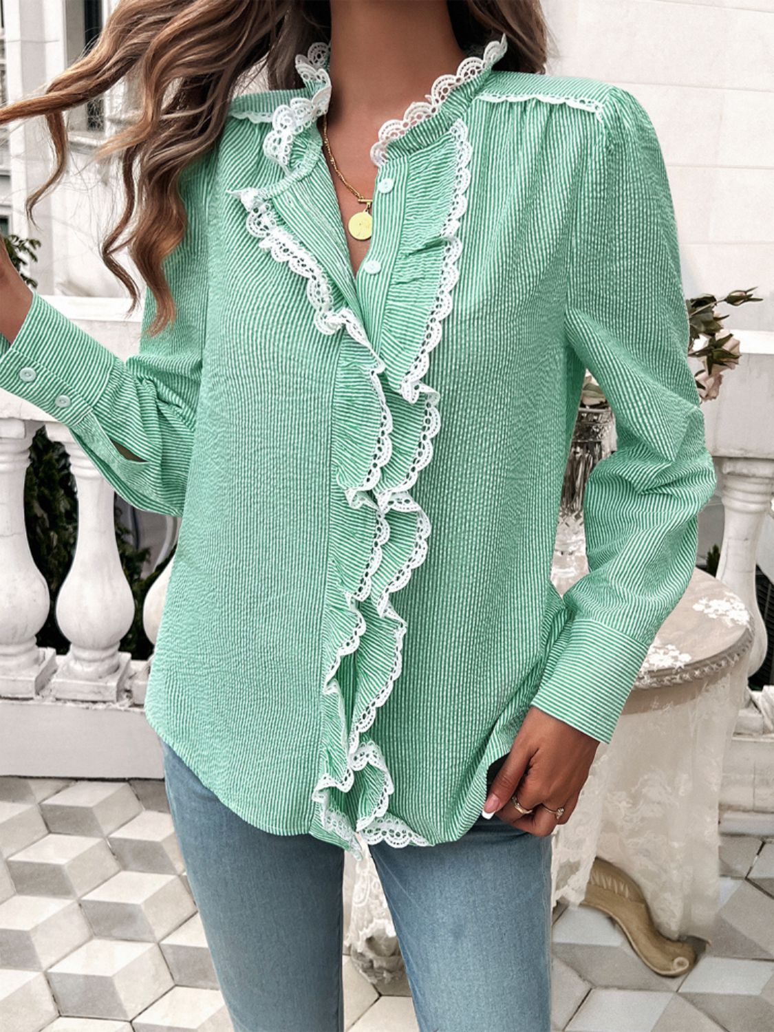 Lace Detail Ruffled Long Sleeve Shirt