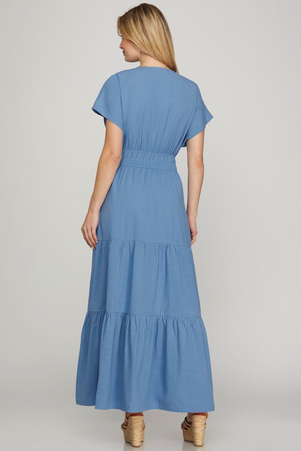 Blue Short Sleeve Beach Maxi Dress With Pockets