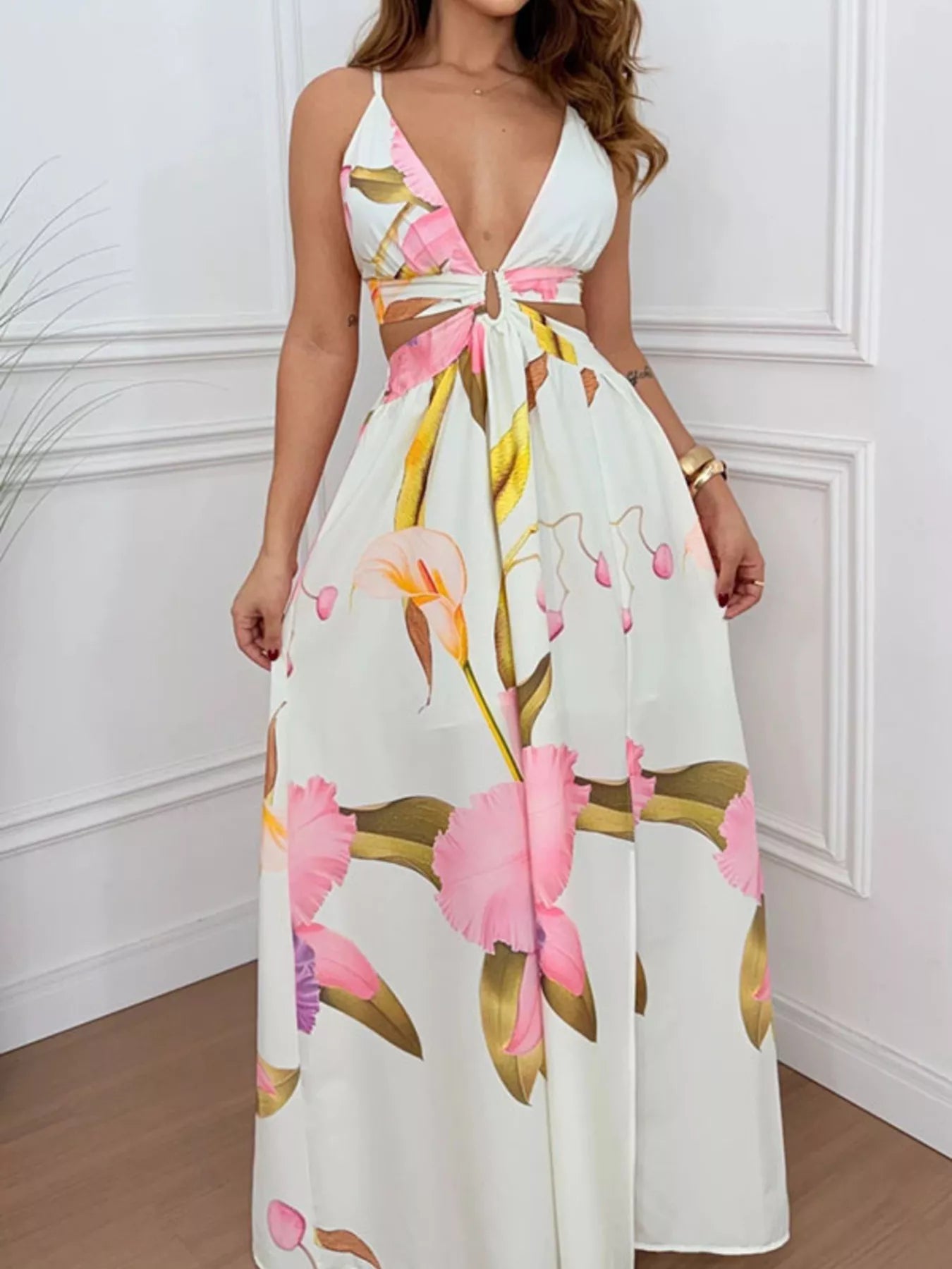 Tropical Print Plunge Cutout Slit Maxi Vacation Dress The Landing World Tropical Print Plunge Cutout Slit Maxi Vacation Dress The Landing World