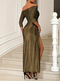 Slit Off-Shoulder Long Sleeve Evening Gown