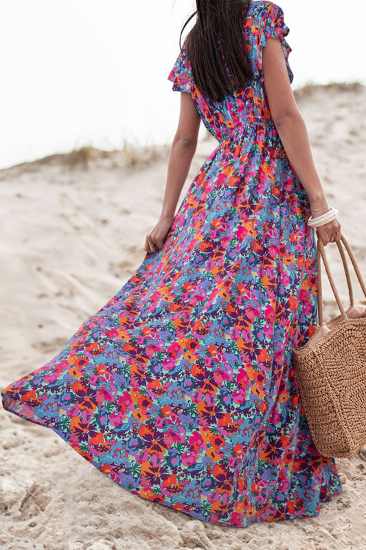 Flowing Floral Long Cap Sleeve Beach Maxi Dress