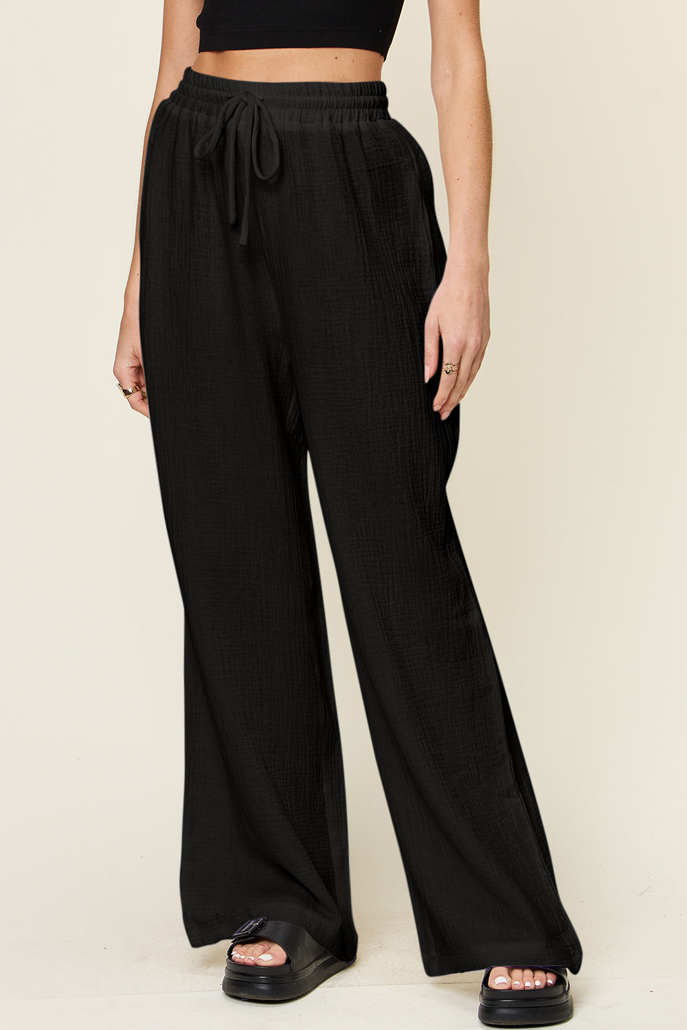 Full Size Texture Drawstring Wide Leg Pants